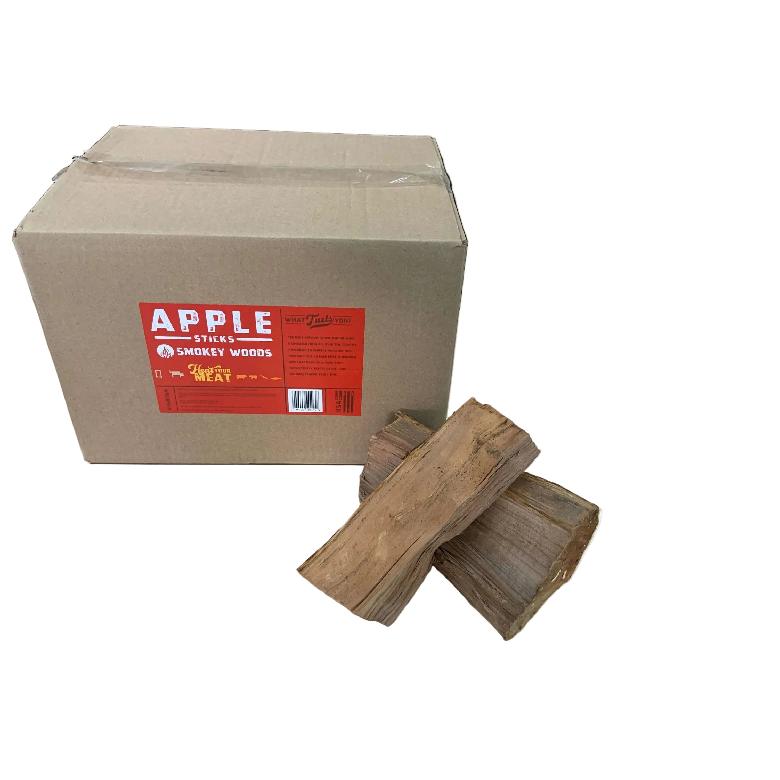 Smokey Woods Boxed Mini Log Wood Splits with premium apple wood for grilling and smoking meat.