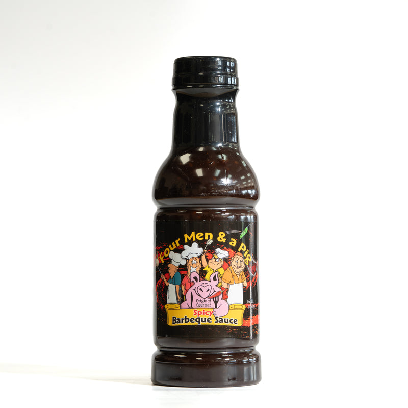 A bottle of Sour Men & a P's 5% Spiciness Barbeque Sauce, featuring a cartoon illustration of chefs and a pig on the label, set against a plain white background.