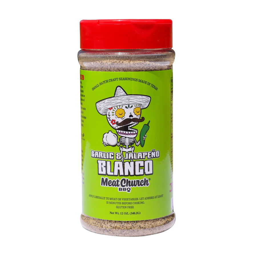 Meat Church Garlic & Jalapeño Blanco Seasoning jar showcasing garlic jalapeño seasoning blend for grilling and cooking.