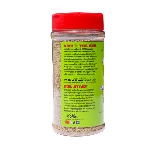 Meat Church Garlic & Jalapeño Blanco Seasoning container showcasing garlic jalapeño seasoning blend details.