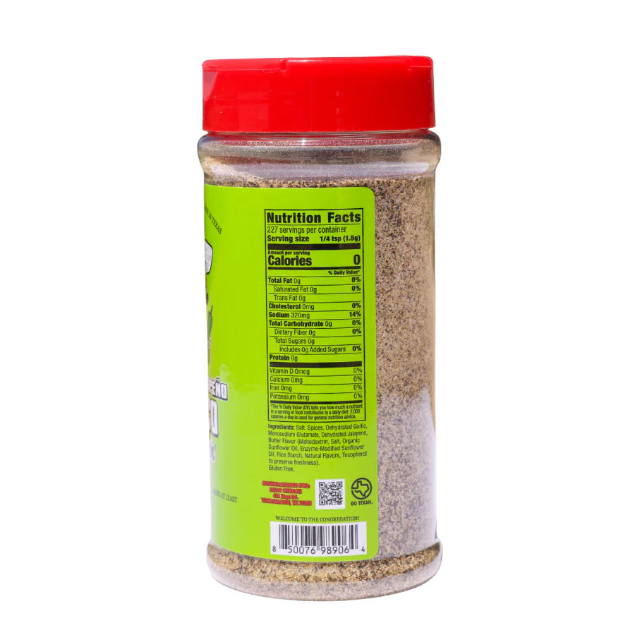 Meat Church Garlic & Jalapeno Blanco seasoning blend bottle showing nutrition facts and bold flavors for cooking.