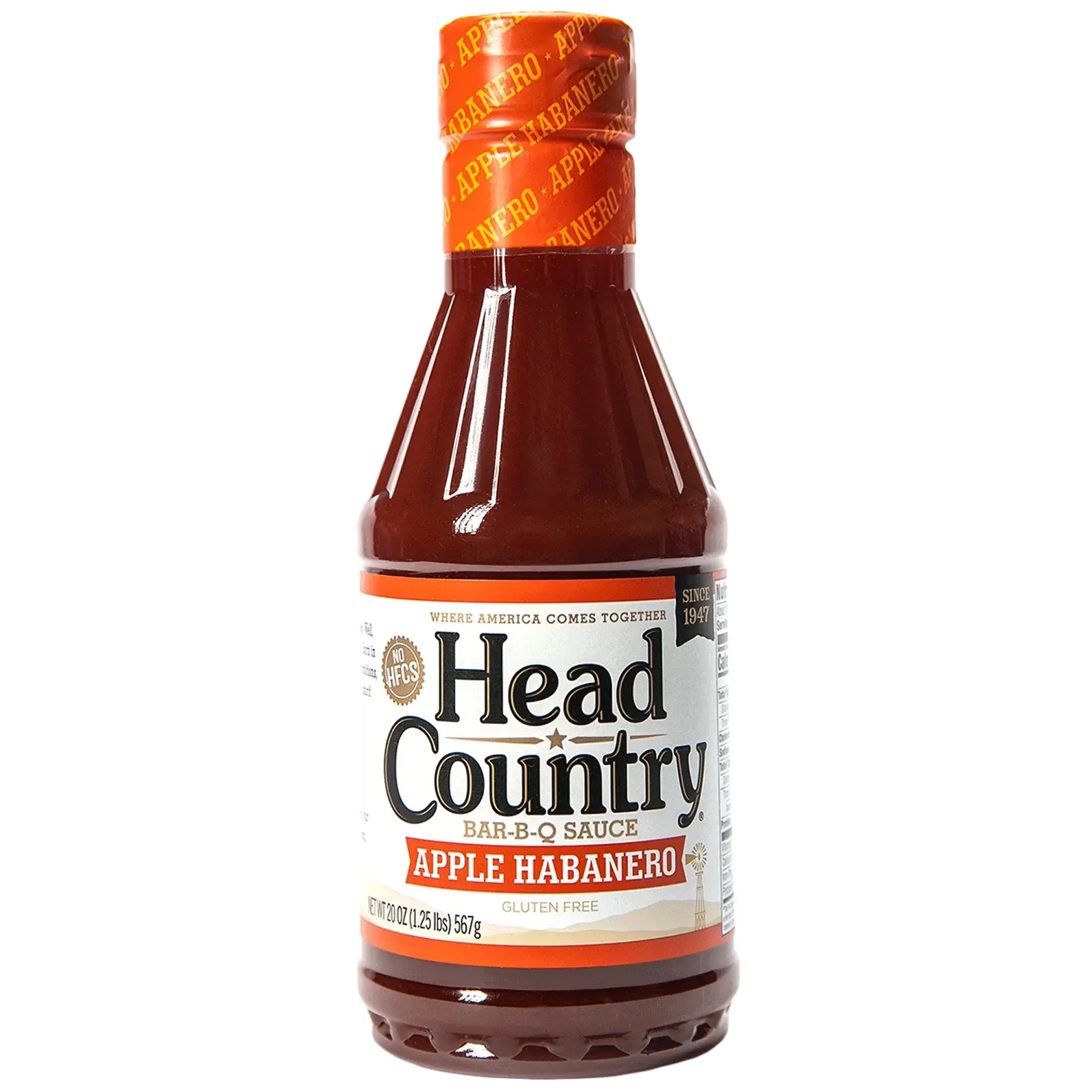 Head Country Apple Habanero BBQ Sauce bottle featuring apple habanero barbecue sauce, gluten-free and perfect for grilling.