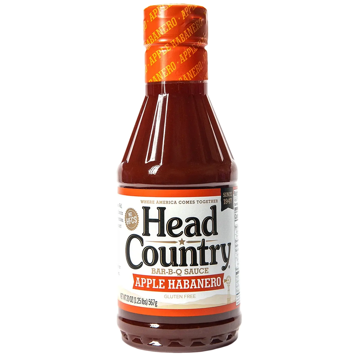 Head Country Apple Habanero BBQ Sauce bottle featuring apple habanero barbecue sauce, gluten-free and perfect for grilling.
