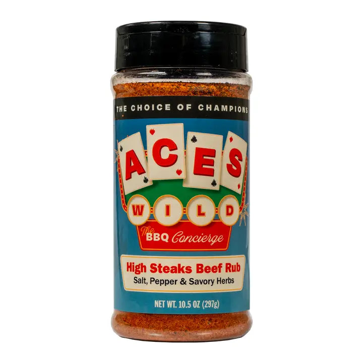 Aces Wild High Steaks Beef Rub, a grilling beef rub with salt, pepper, and savory herbs for flavorful meats.
