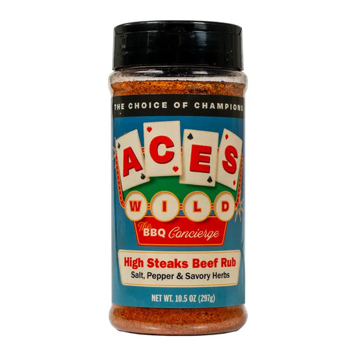 Aces Wild High Steaks Beef Rub, a perfect beef rub for grilling with salt, pepper, and savory herbs.