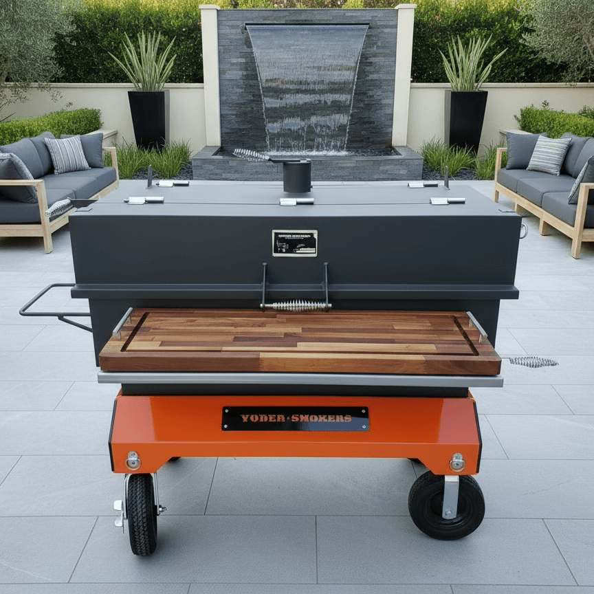 Outdoor grill with wooden top on a patio with furniture and plants in the background