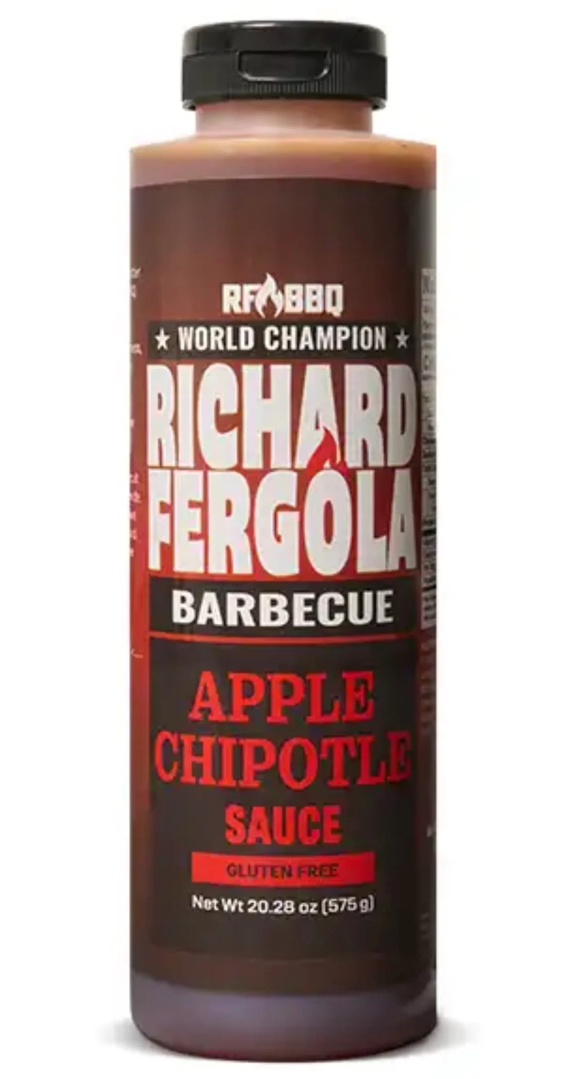Richard Fergola apple chipotle barbecue sauce bottle, showcasing sweet and spicy flavor blend.