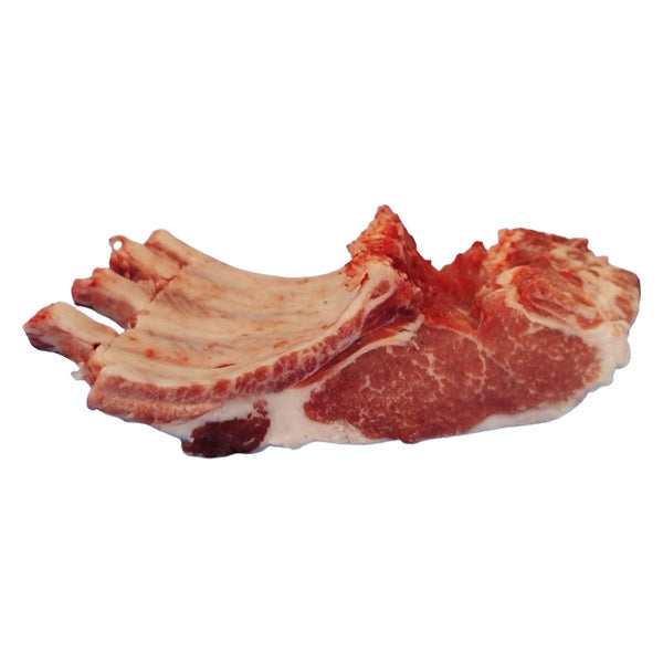 Iberico pork rack for gourmet BBQ showcasing exquisite marbling and preparation for roasting or smoking.