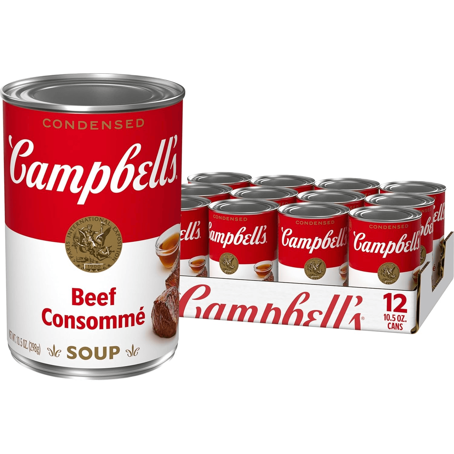 Campbell's Condensed Beef Consomme Soup can with 12 pack, perfect for adding rich flavor to dishes.