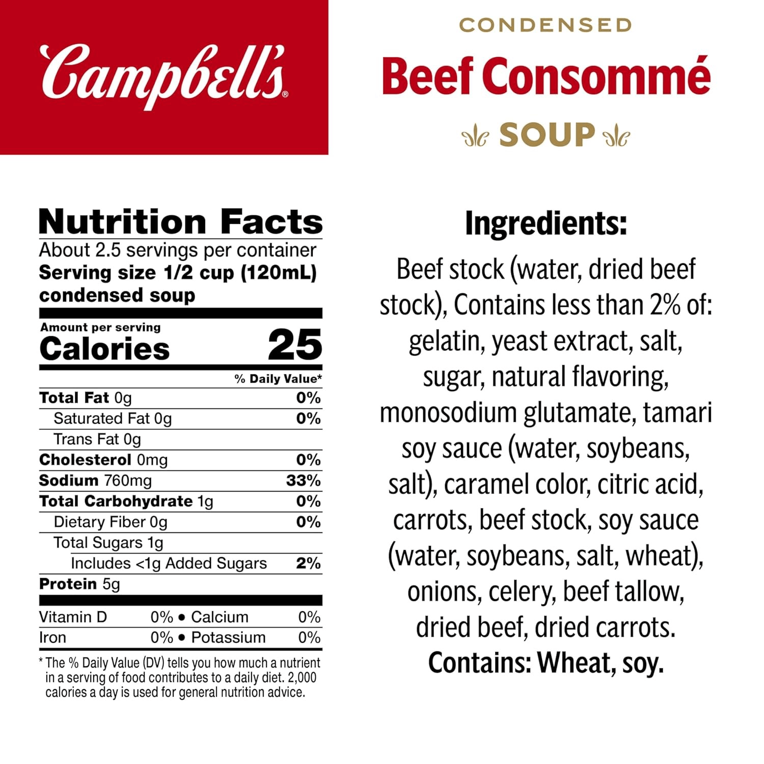 Campbell's Condensed Beef Consomme Soup nutrition facts and ingredients list for beef consomme soup.