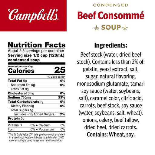 Campbell's Condensed Beef Consomme Soup nutrition facts and ingredients list for beef consomme soup.