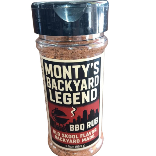Monty's Backyard BBQ Rub in a clear jar, showcasing the label and old skool flavor.