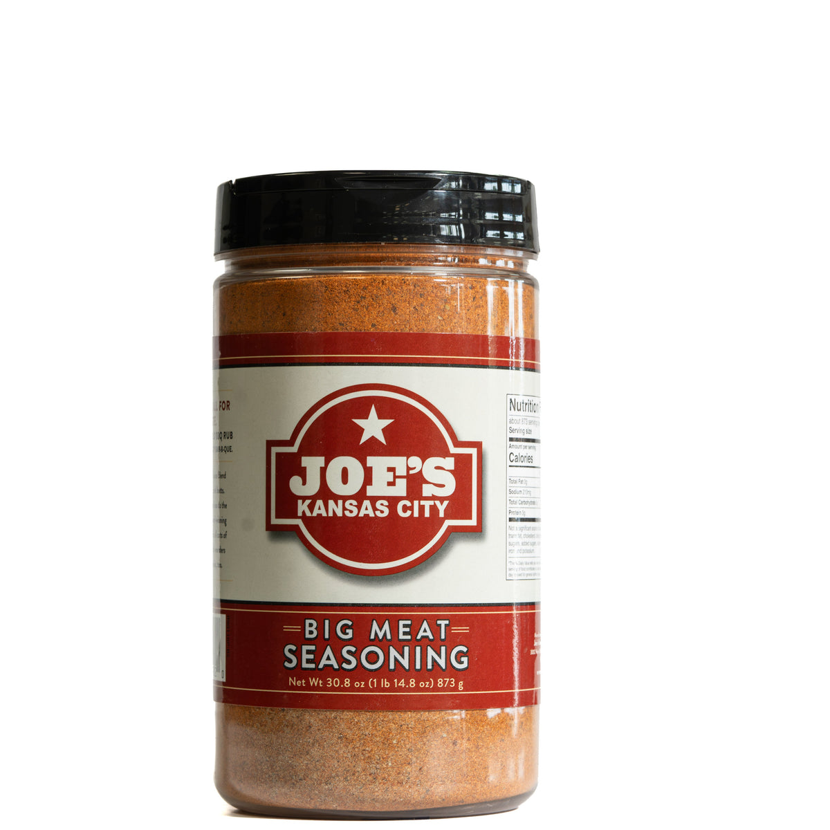 A jar of Joe's Kansas City Big Meat Seasoning on a clean white background. The clear plastic jar shows the orange-brown seasoning inside, topped with a black lid and featuring a white and red label with the brand logo.