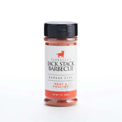 Jack Stack barbecue essentials bundle Meat & Poultry seasoning in a clear jar with a black lid.