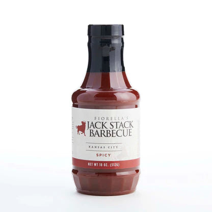 Jack Stack barbecue essentials bundle KC Spicy Sauce in a 10oz bottle, perfect for adding flavor.