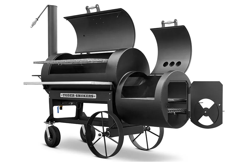 Yoder Smokers 24 inch offset smoker featuring dual chambers and adjustable airflow control.