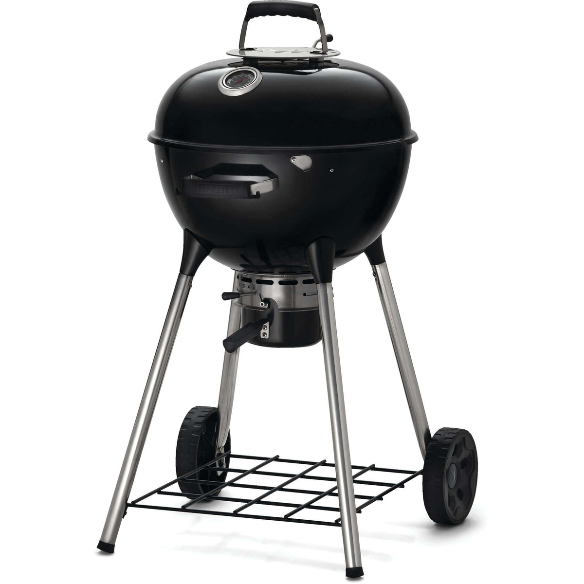 Napoleon Grills Premium 18 inch charcoal kettle grill on a sturdy stand with rolling wheels.