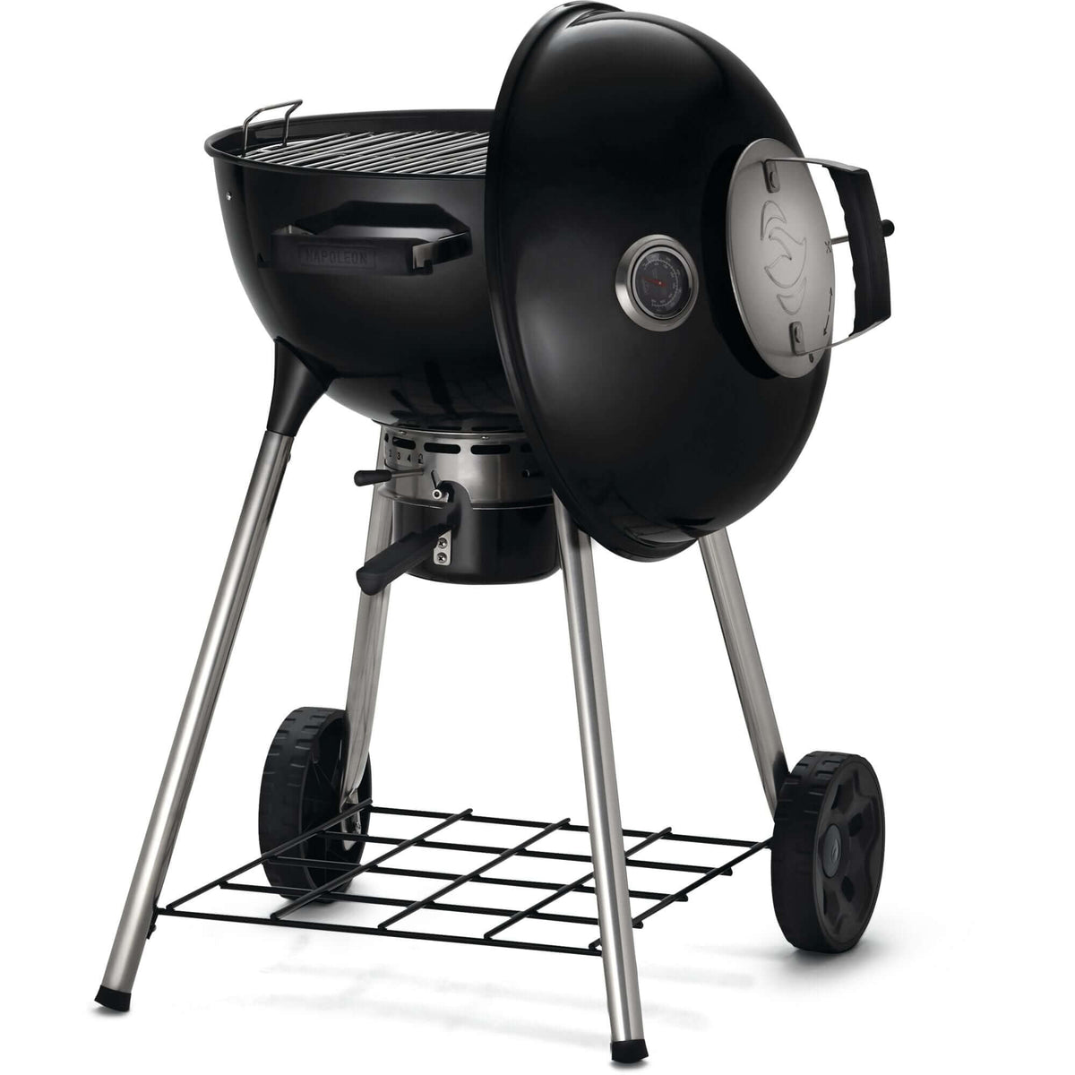 Napoleon Grills Premium 18 inch charcoal kettle grill with black finish and wheels for easy mobility.