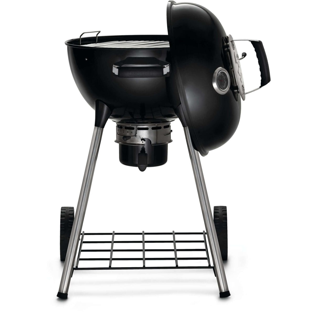 Napoleon Grills Premium 18 inch charcoal kettle grill shown from the side, highlighting its compact design and features.