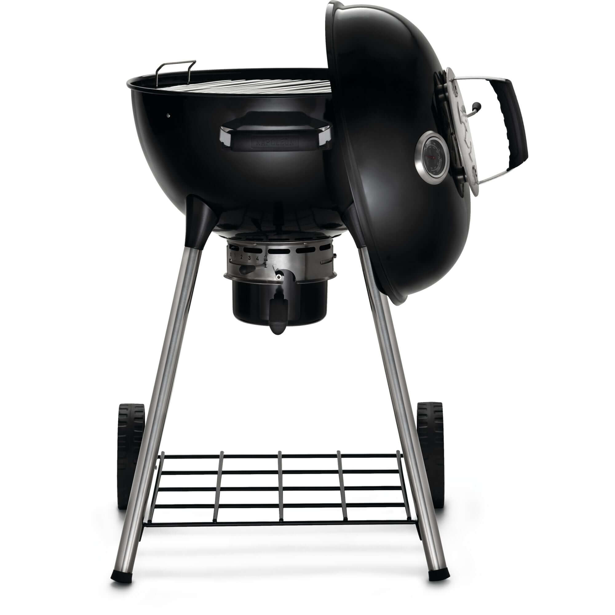 Napoleon Grills Premium 18 inch charcoal kettle grill shown from the side, highlighting its compact design and features.