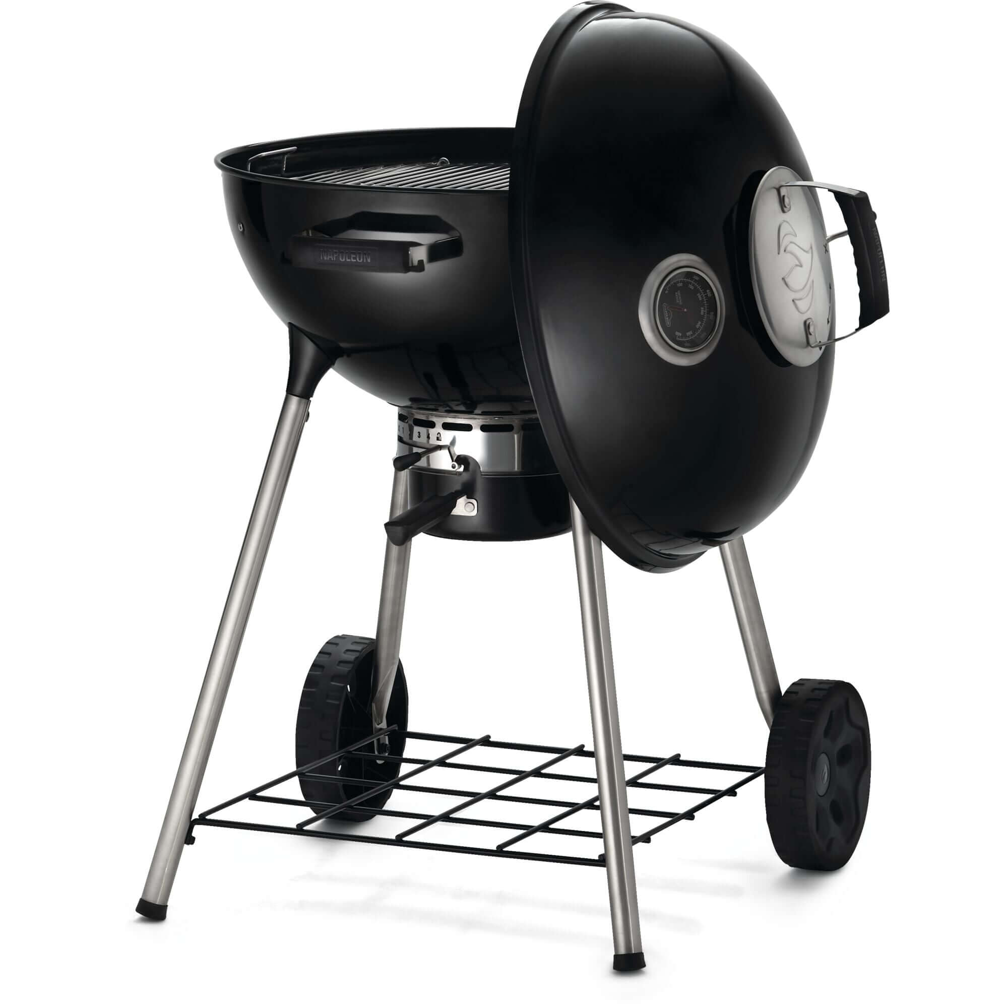 Napoleon Grills Premium 22 inch charcoal kettle grill with adjustable air vents and wheels for easy mobility.