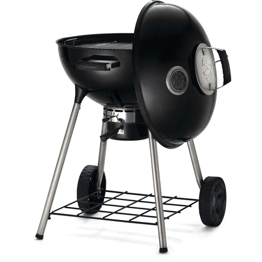 Napoleon Grills Premium 22 inch charcoal kettle grill with adjustable air vents and wheels for easy mobility.
