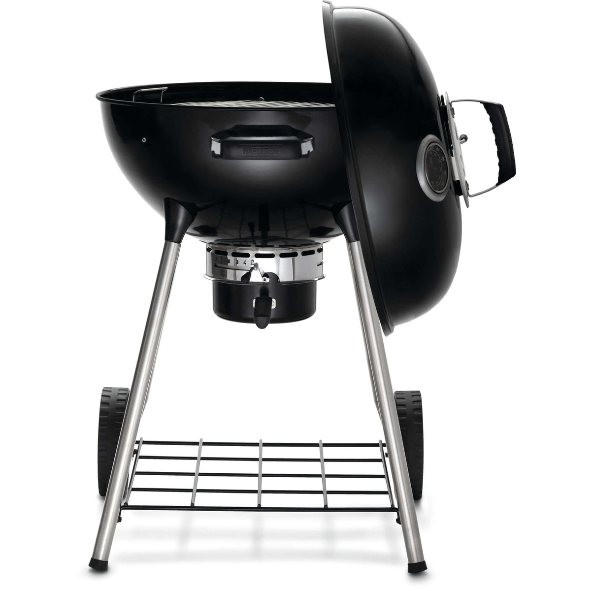 Napoleon Grills Premium 22 inch charcoal kettle grill side view with adjustable air vents and stand.