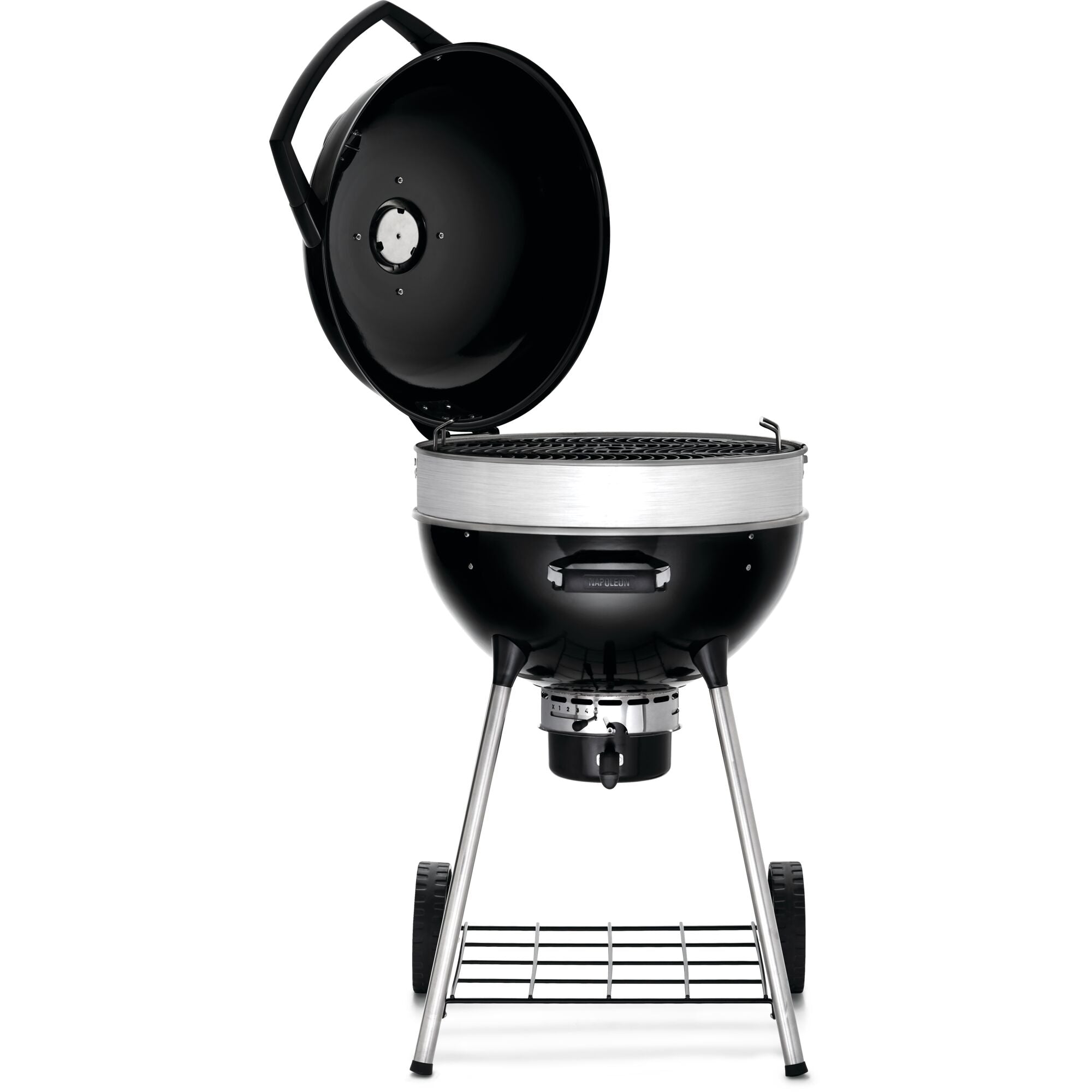 Napoleon charcoal kettle grill with open lid and cooking grate, perfect for outdoor grilling and barbecues.