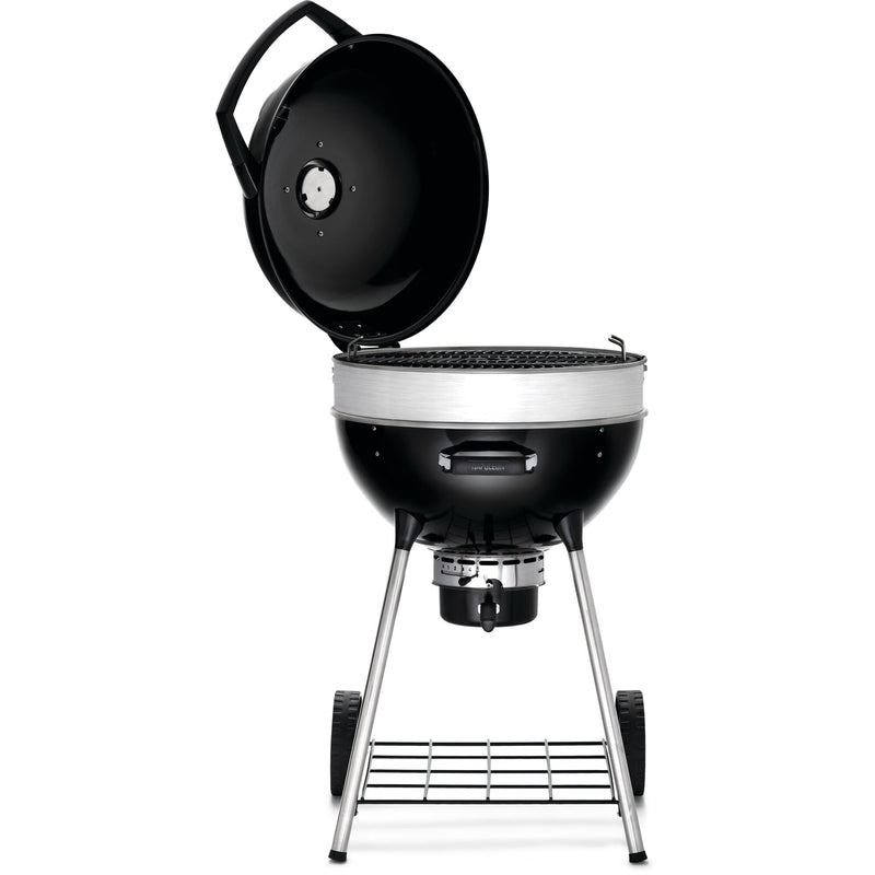 Napoleon charcoal kettle grill with open lid and cooking grate, perfect for outdoor grilling and barbecues.