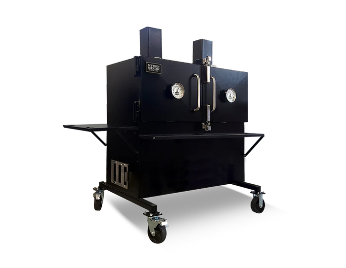 Myron Mixon H2O water smoker with four racks and wheels for easy mobility.