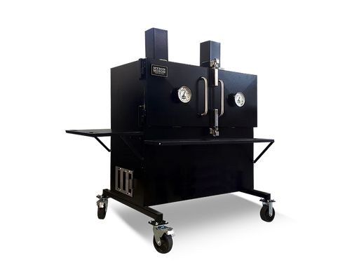 Myron Mixon H2O water smoker with four racks and wheels for easy mobility.