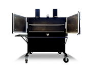 Myron Mixon H2O water smoker with open doors showcasing interior racks for cooking.