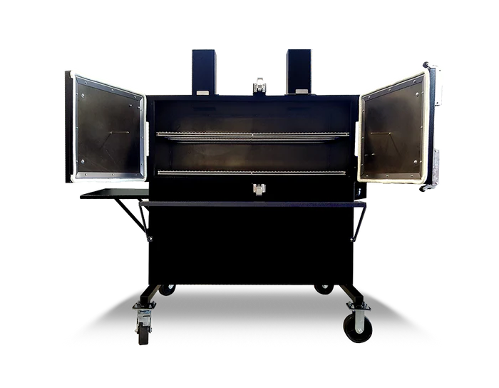Myron Mixon H2O water smoker with open doors showcasing interior racks for cooking.