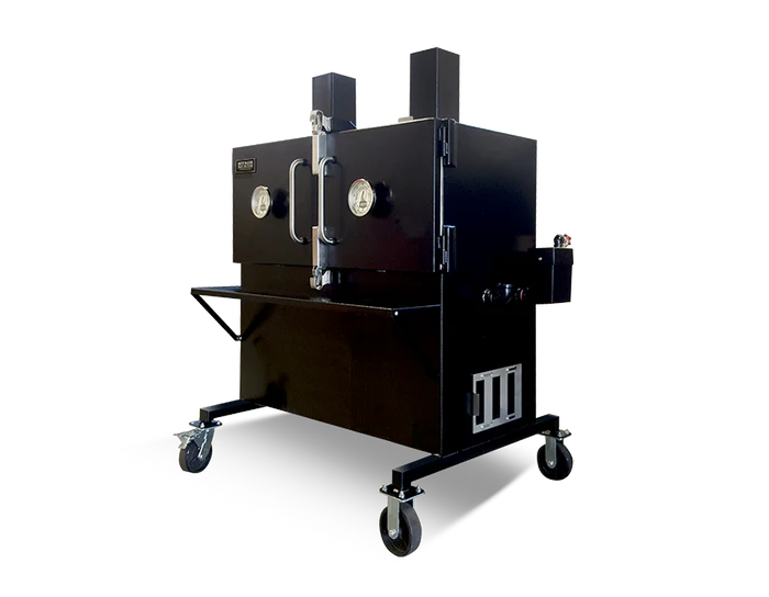 Myron Mixon H2O water smoker on wheels, perfect for BBQ with wet and dry cooking versatility, 48 inch cooking space.