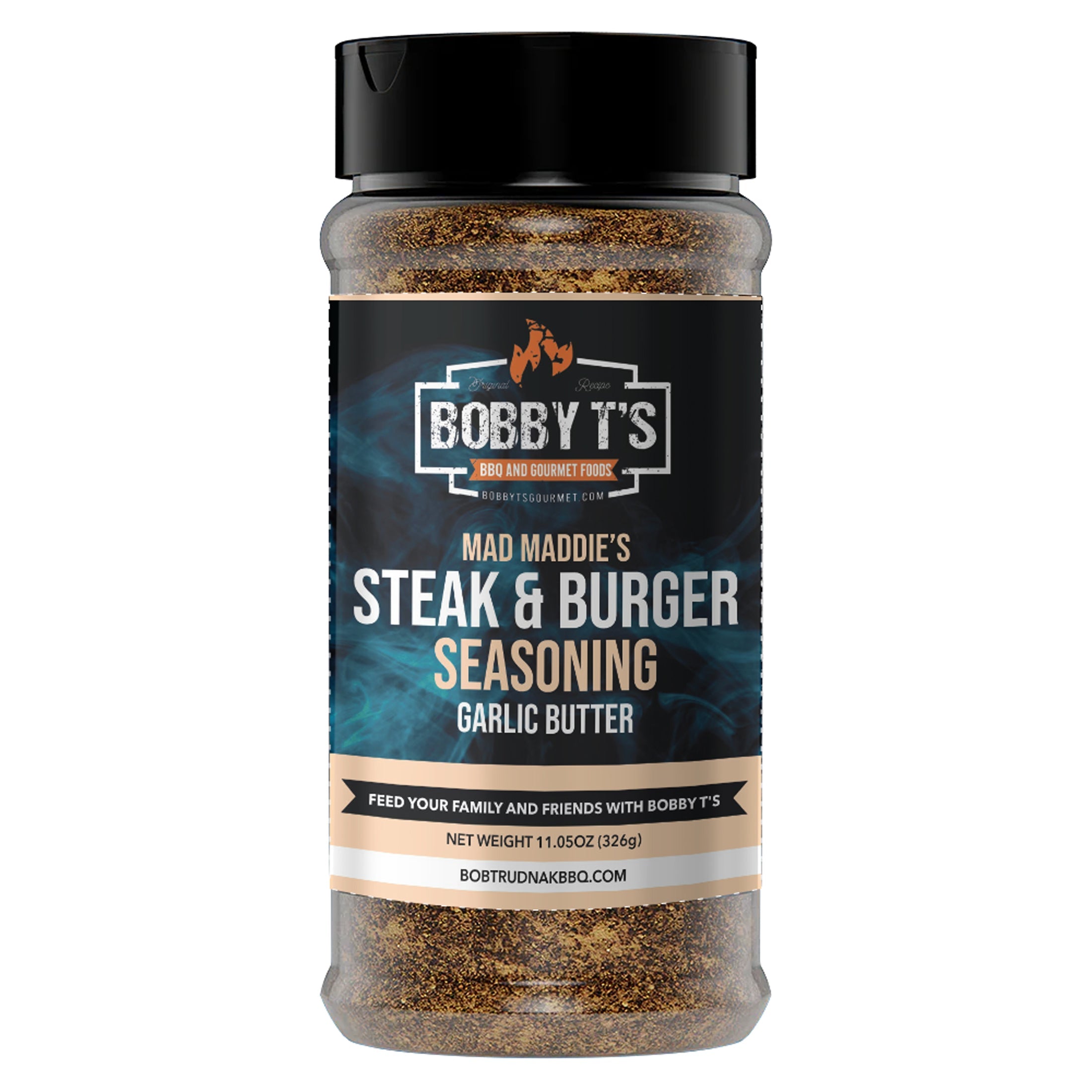 Bobby T's Mad Maddie's steak and burger seasoning blend jar with garlic butter for flavorful grilling.