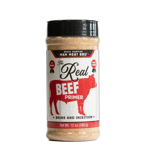 Man Meat BBQ The Real Beef Primer beef injection marinade in a 12 oz container.