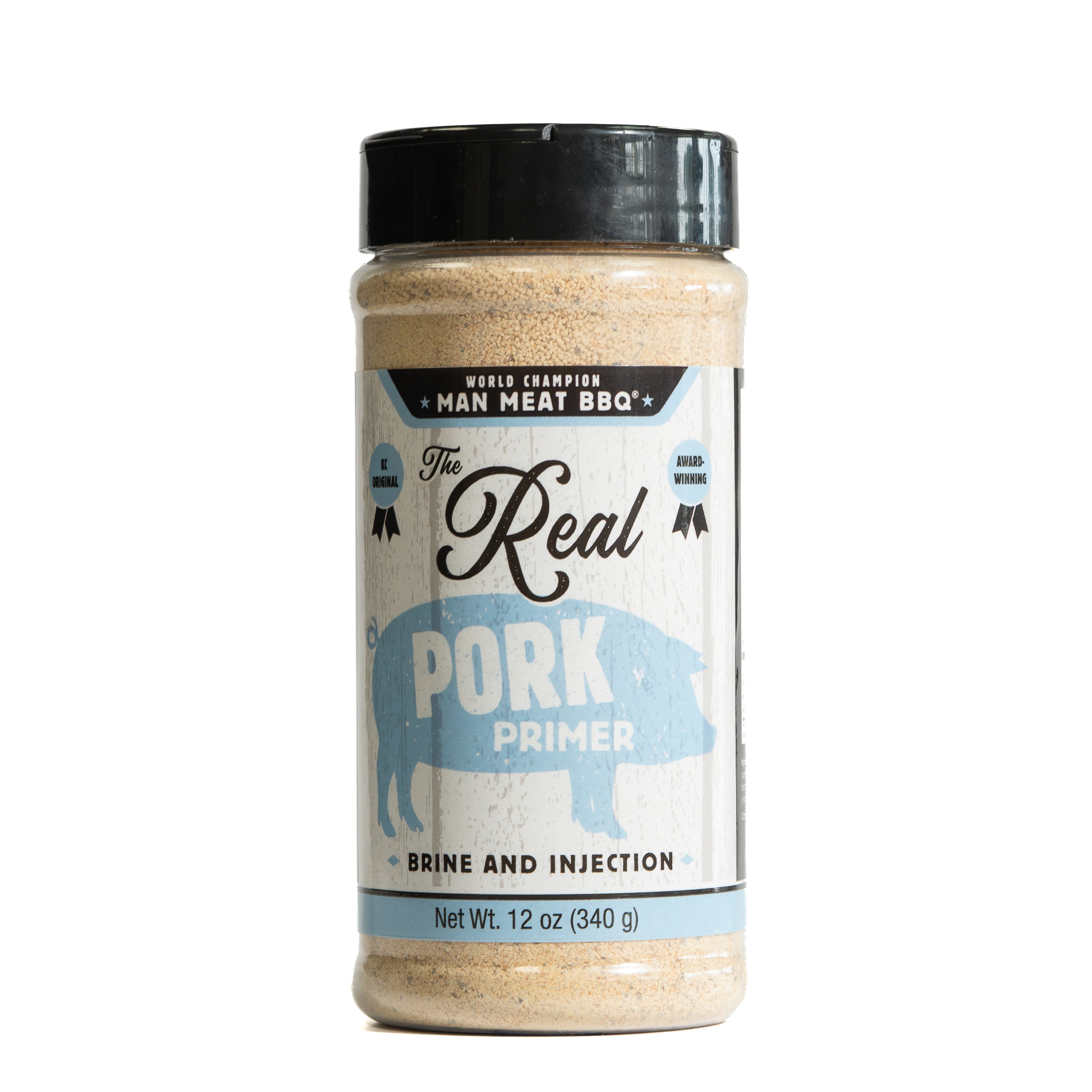 Man Meat BBQ The Real Pork Primer bottle for pork injection marinade, essential for flavorful BBQ pork.