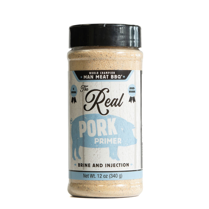 Man Meat BBQ The Real Pork Primer bottle for pork injection marinade, essential for flavorful BBQ pork.