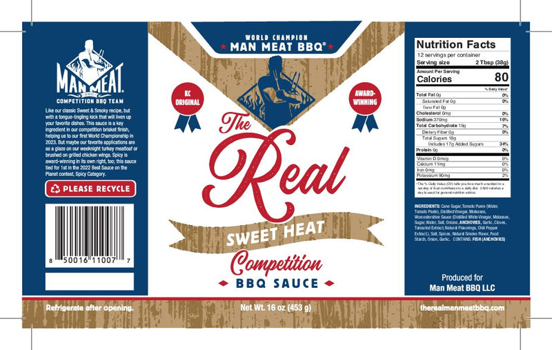 Man Meat BBQ Sweet Heat Sauce 16 oz bottle with flame-themed label