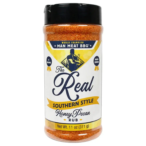 Container of Man Meat BBQ The Real Southern Style Honey Pecan Rub, a flavorful honey pecan BBQ rub for grilling.