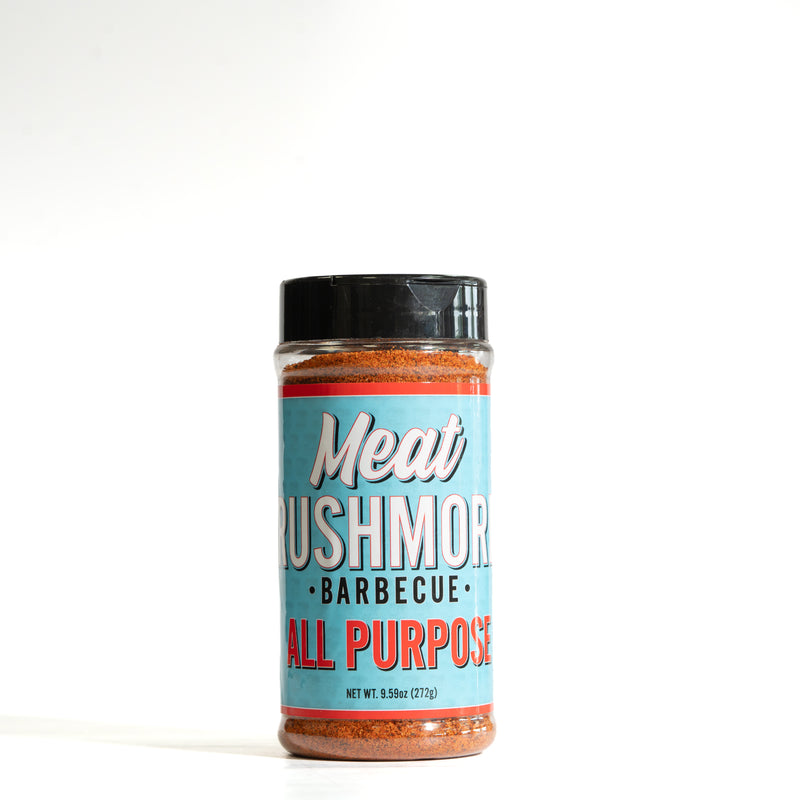 A bottle of Meat Rushmore Barbecue All Purpose seasoning on a clean white background.