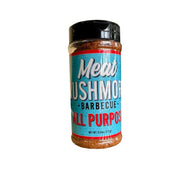 Meat Rushmore BBQ All Purpose Rub bottle with colorful labeling and spices inside.