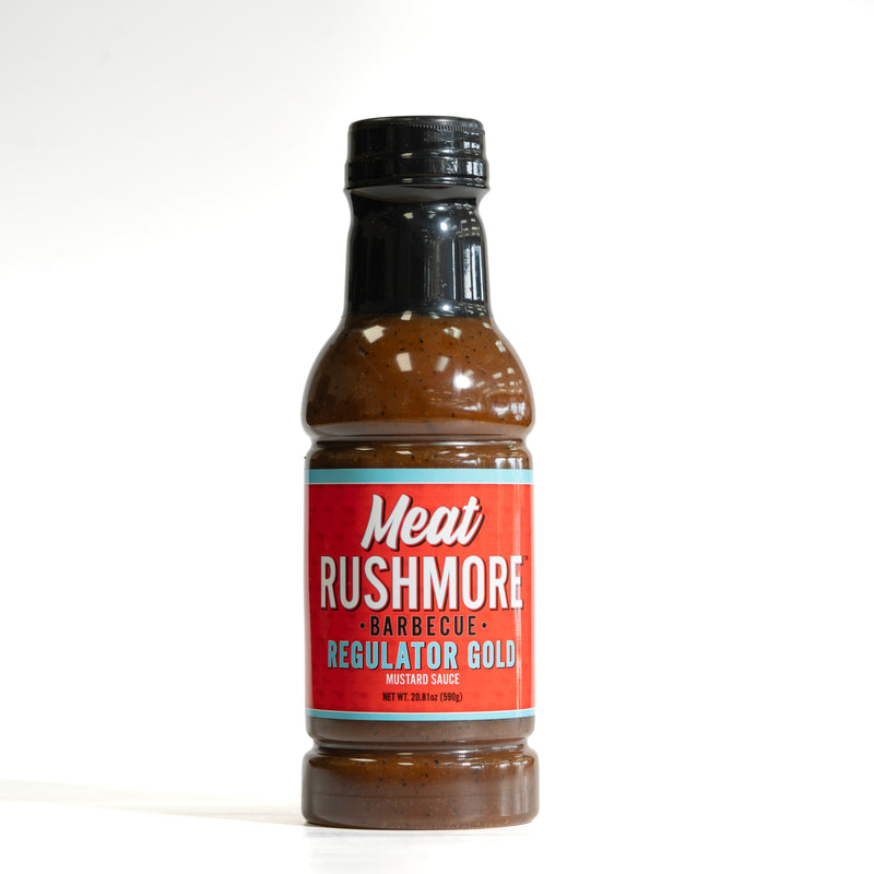 Meat Rushmore BBQ Regulator Gold Mustard sauce bottle for flavorful BBQ mustard sauce recipes.