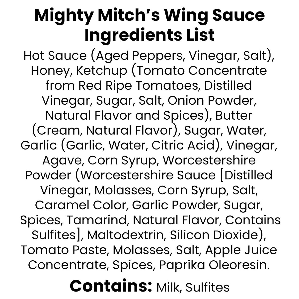Mighty Mitch's wing sauce ingredients list including hot sauce, honey, ketchup, spices, garlic, and butter.