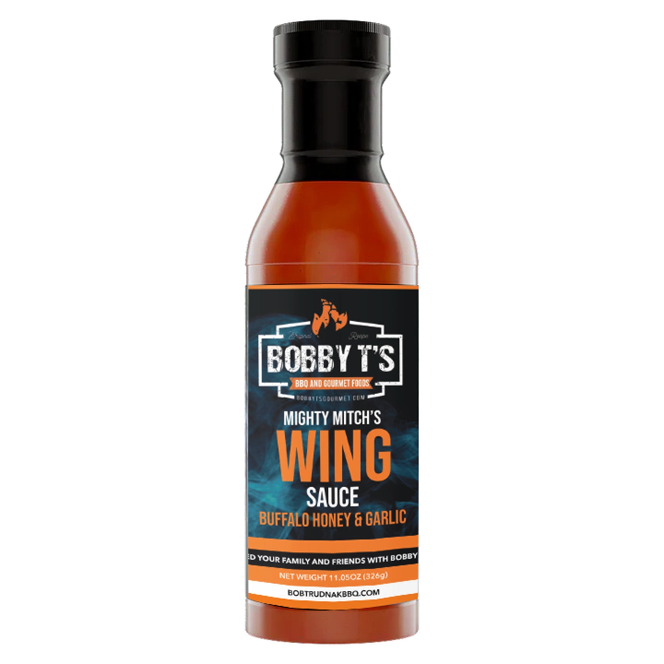 Bobby T's Mighty Mitch's wing sauce bottle featuring buffalo honey and garlic flavor.