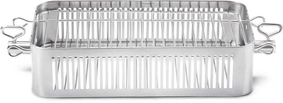 Adjustable rotisserie basket made of stainless steel for versatile outdoor cooking.