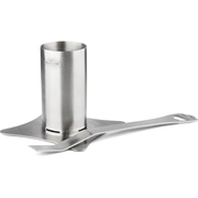 Stainless steel chicken roaster with a removable handle and grilling tray for beer can-style chicken.