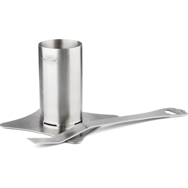 Stainless steel chicken roaster with a removable handle and grilling tray for beer can-style chicken.
