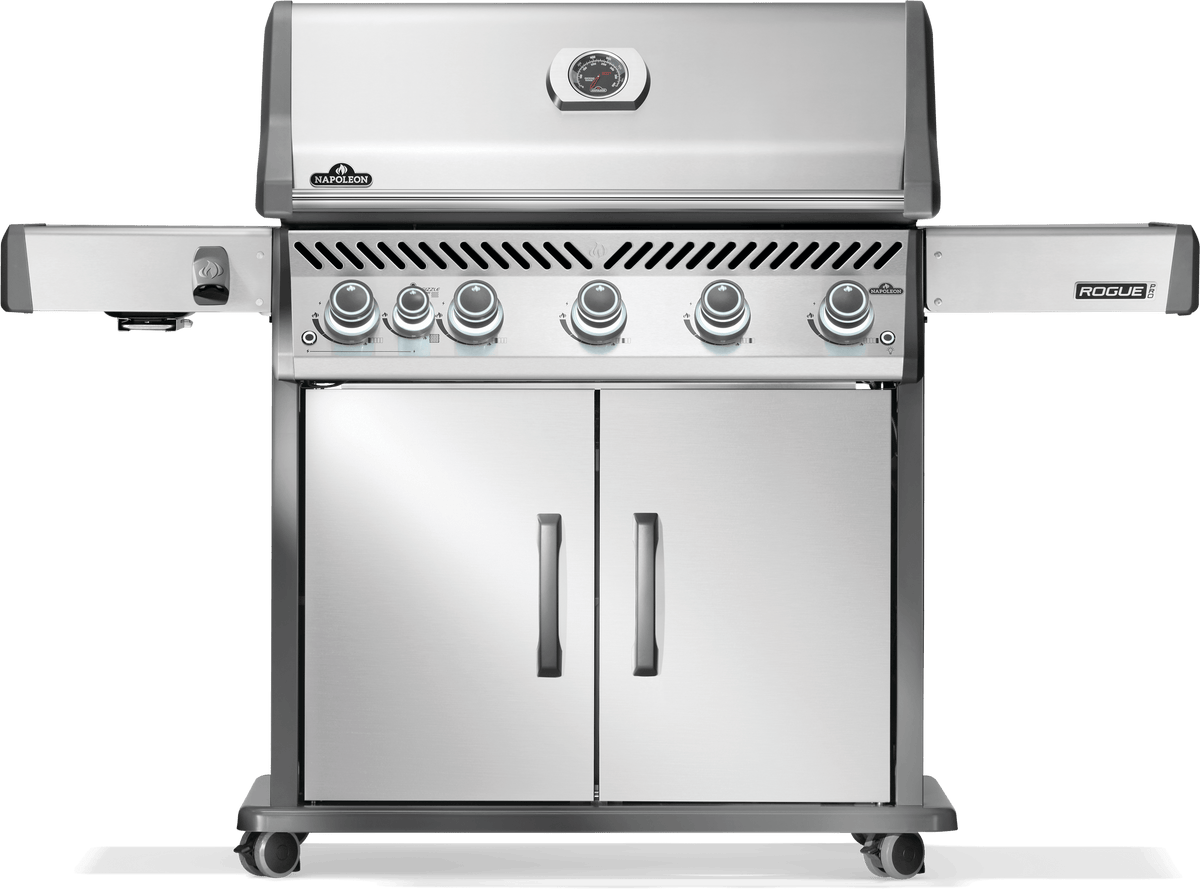 Napoleon Rogue PRO 625 grill with stainless steel finish and infrared side burner.