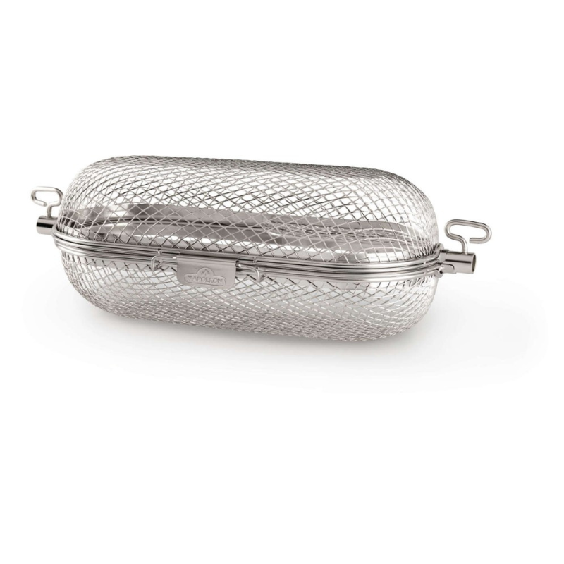 Napoleon rotisserie grill basket designed for barbecuing wings, fries, and veggies on the grill.
